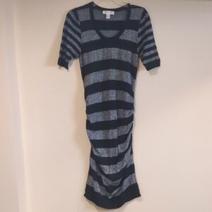 Motherhood Maternity Black And Gray Ruched Bodycon Midi Dress, Striped, Size L